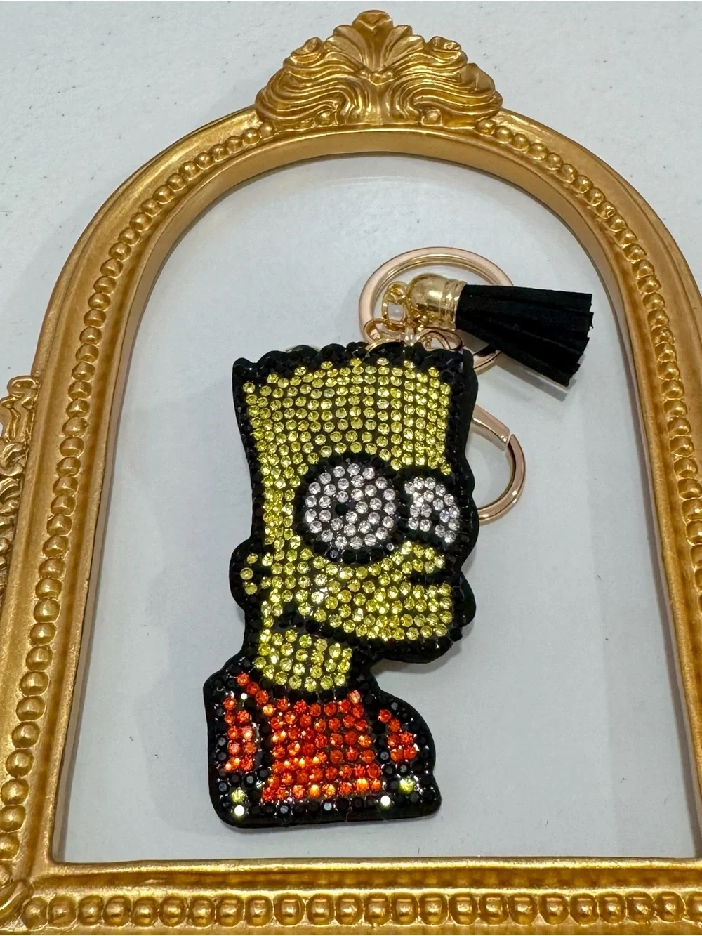 New Yellow Crystal Embellished Bart Simpson Keychain with Black Tassel